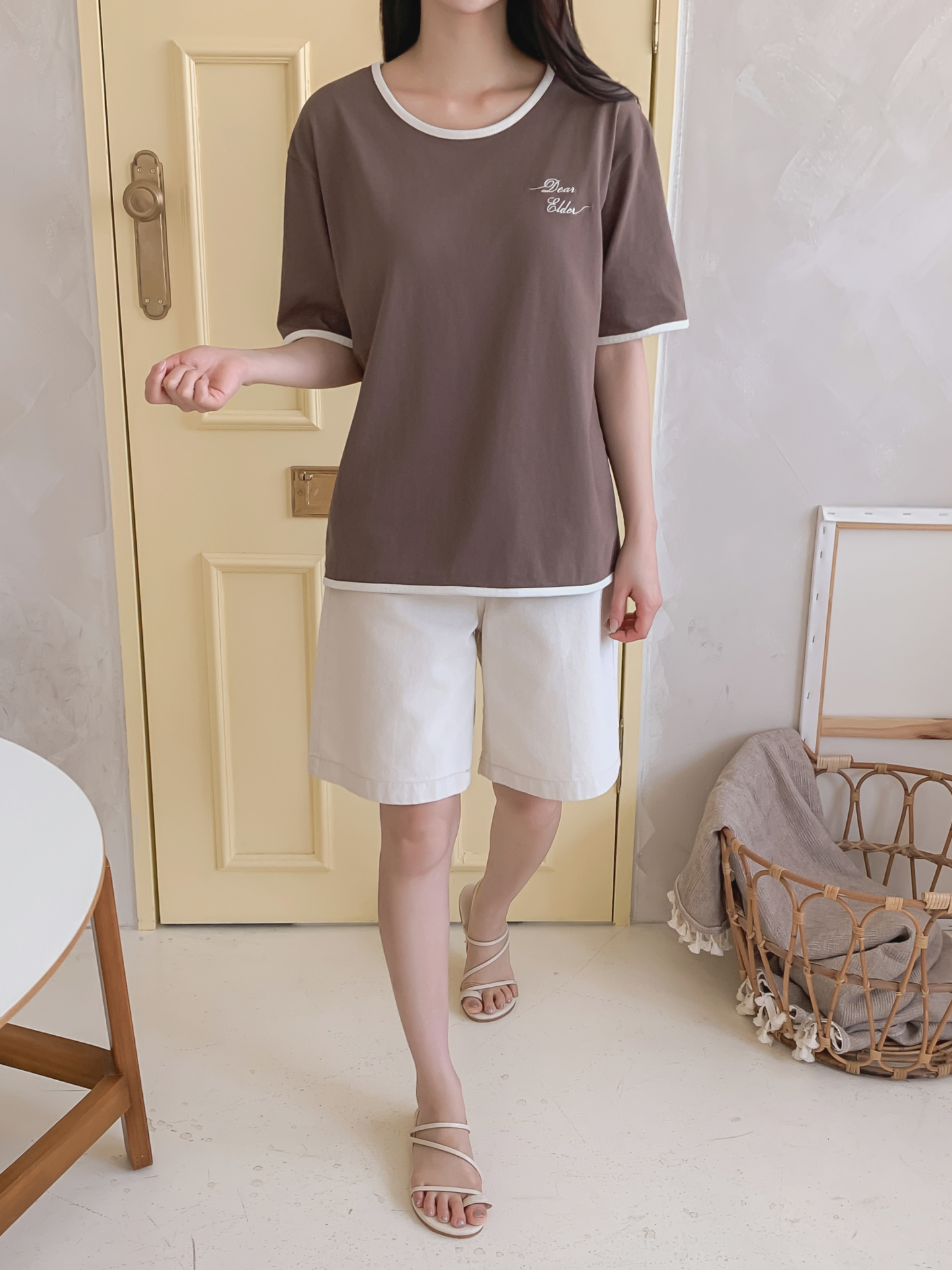 コットンラウンドネック半袖レタリング配色ラインTシャツ | 詳細画像12