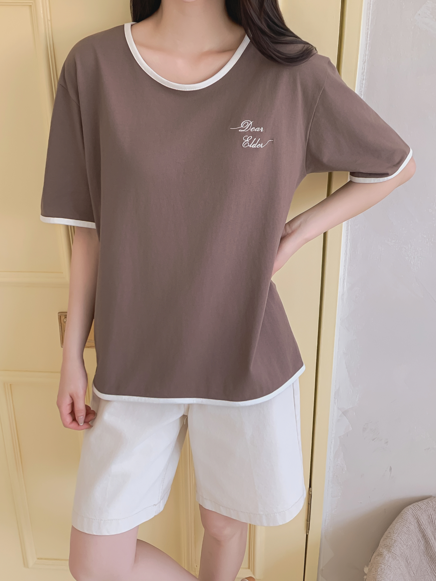 コットンラウンドネック半袖レタリング配色ラインTシャツ | 詳細画像13