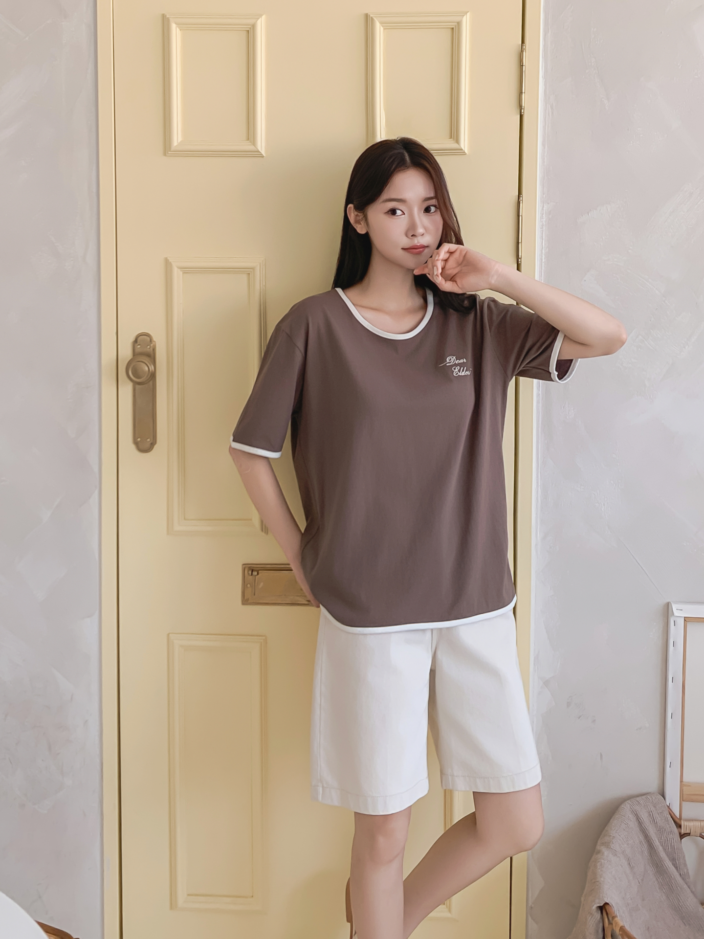 コットンラウンドネック半袖レタリング配色ラインTシャツ | 詳細画像14