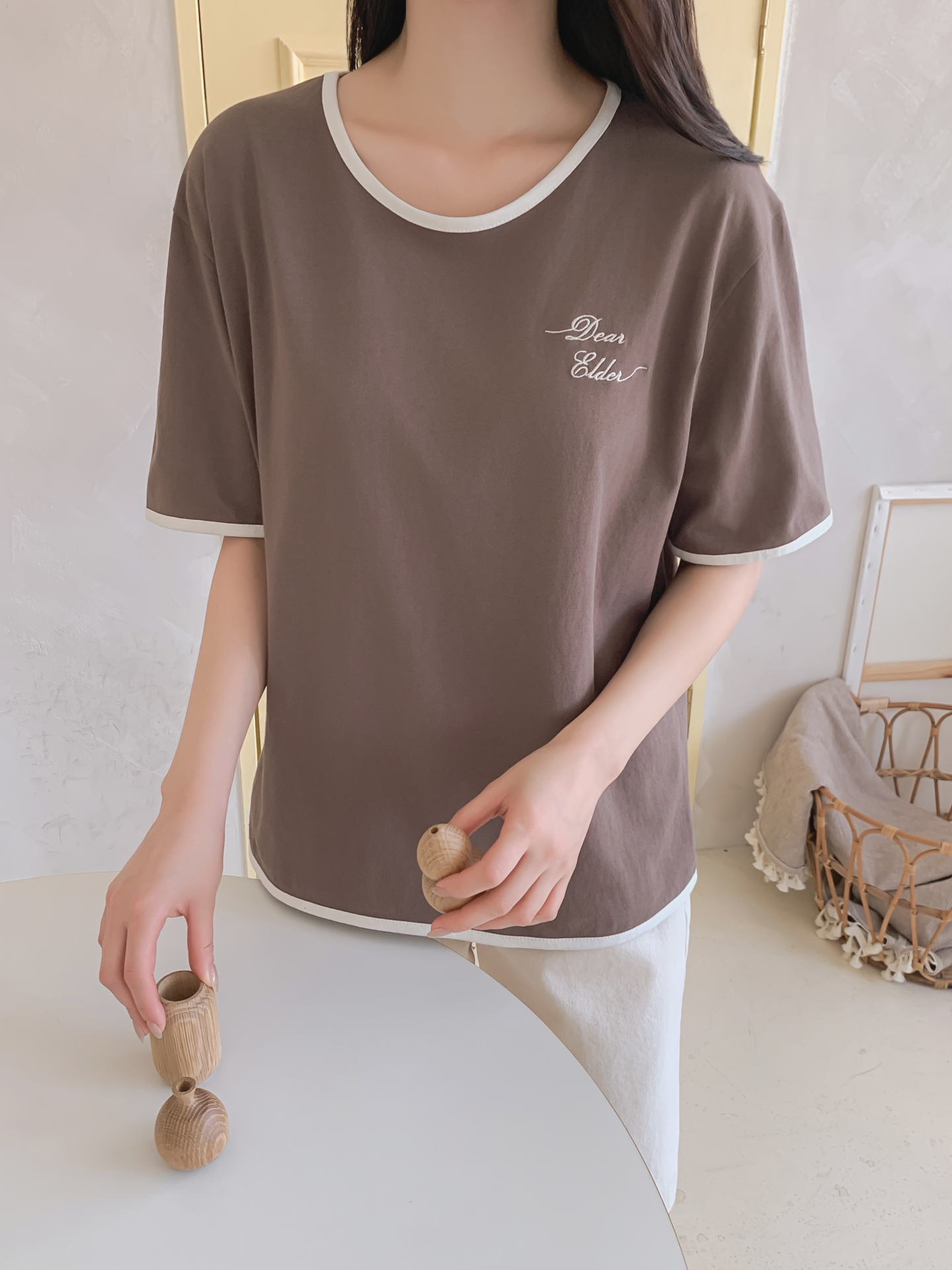 コットンラウンドネック半袖レタリング配色ラインTシャツ | 詳細画像15