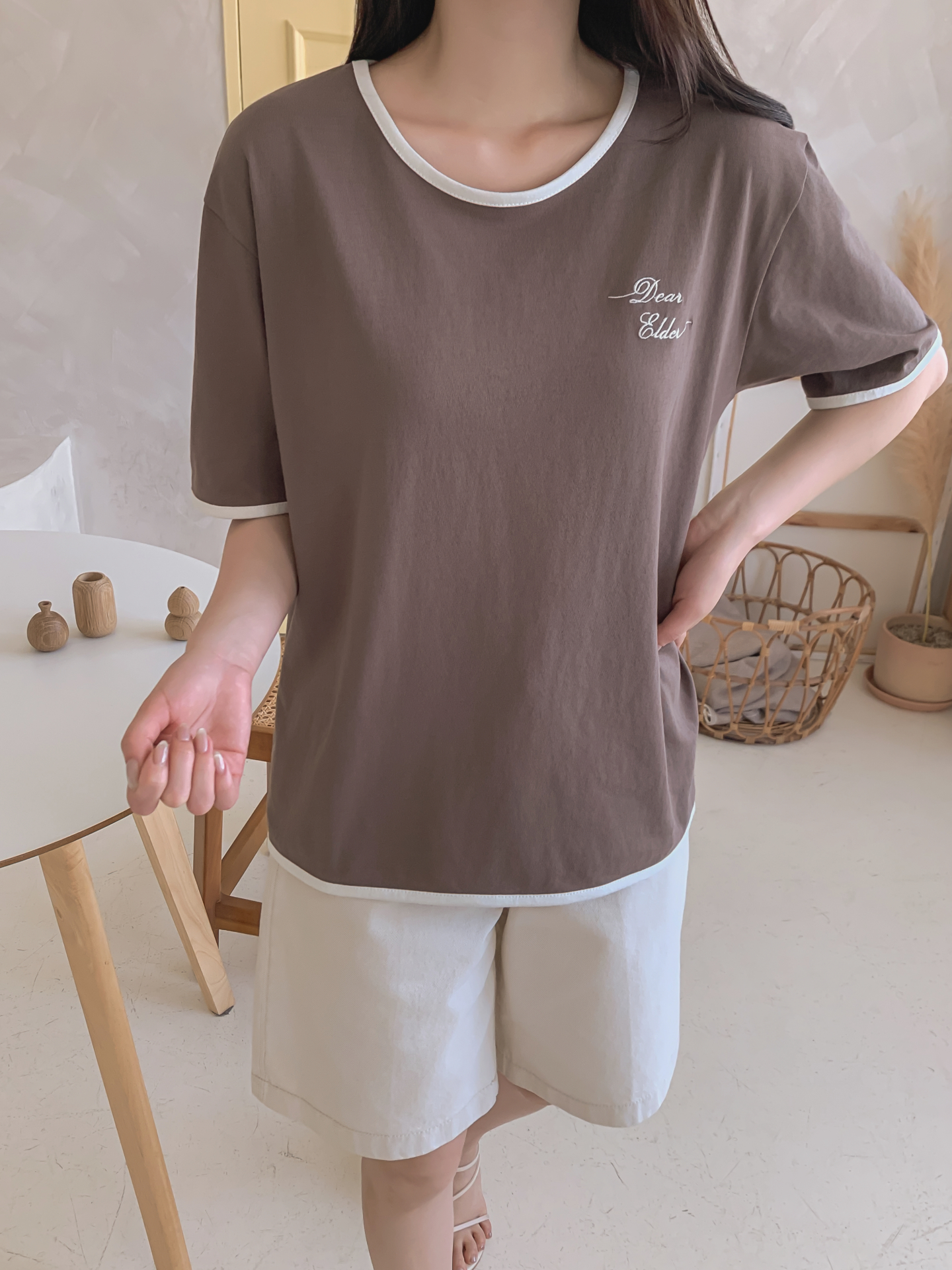 コットンラウンドネック半袖レタリング配色ラインTシャツ | 詳細画像20