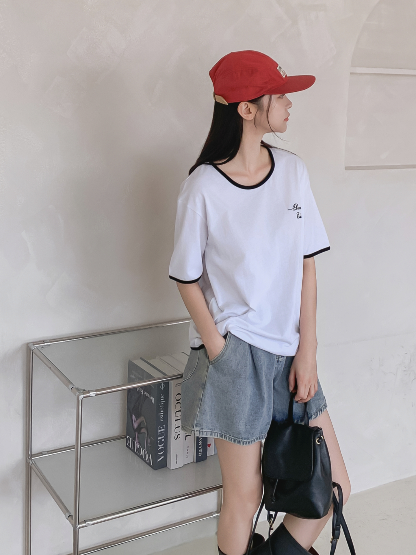 コットンラウンドネック半袖レタリング配色ラインTシャツ | 詳細画像38