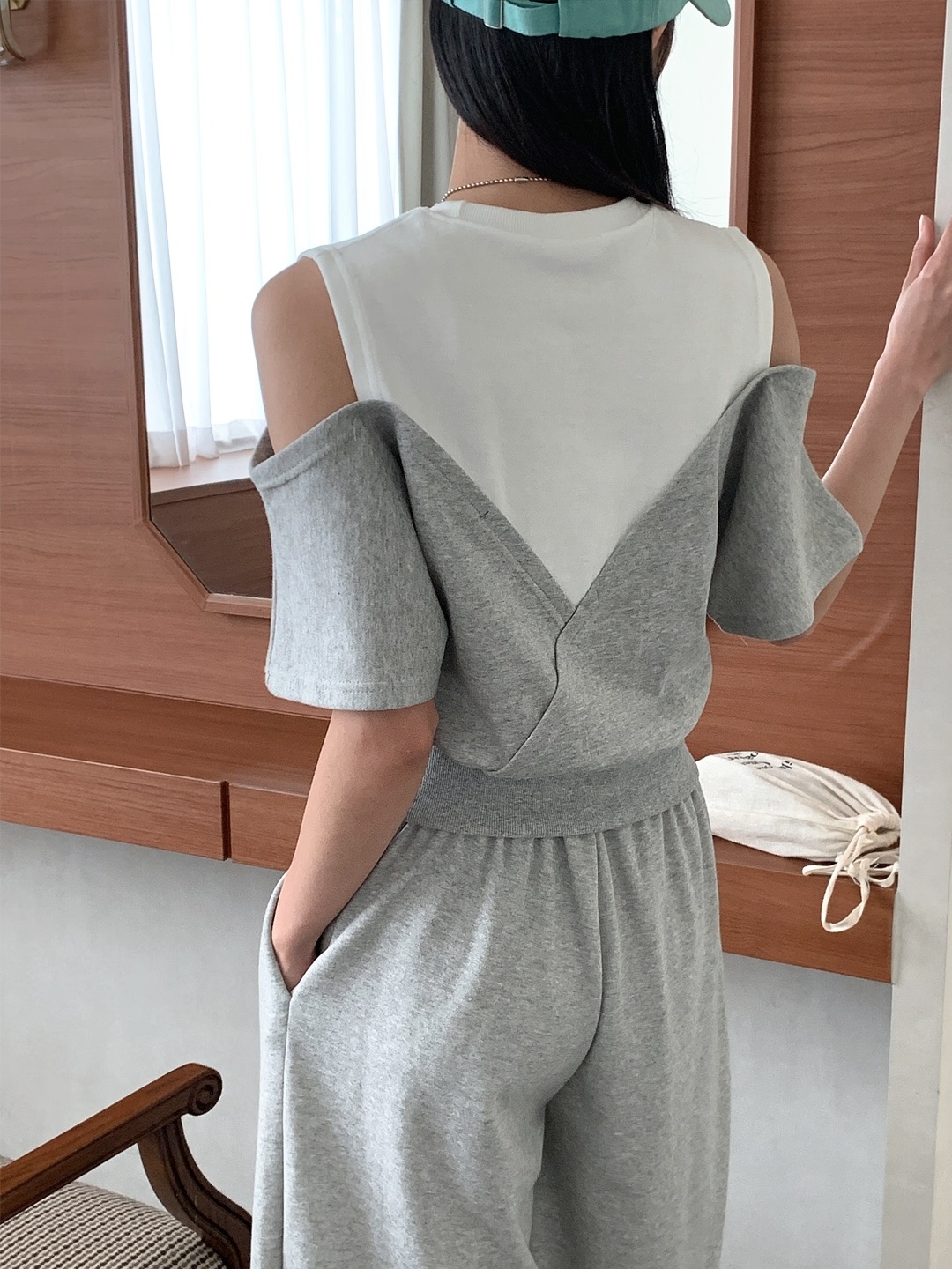 配色ウエストゴムオープンショルダー半袖ダイアゴナルデニムパンツTシャツ | 詳細画像5