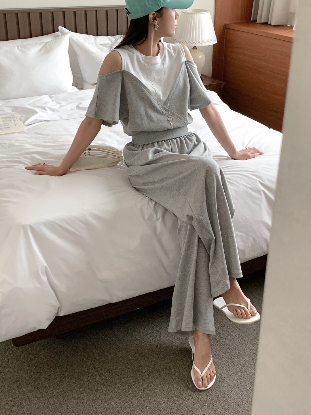 配色ウエストゴムオープンショルダー半袖ダイアゴナルデニムパンツTシャツ | 詳細画像6