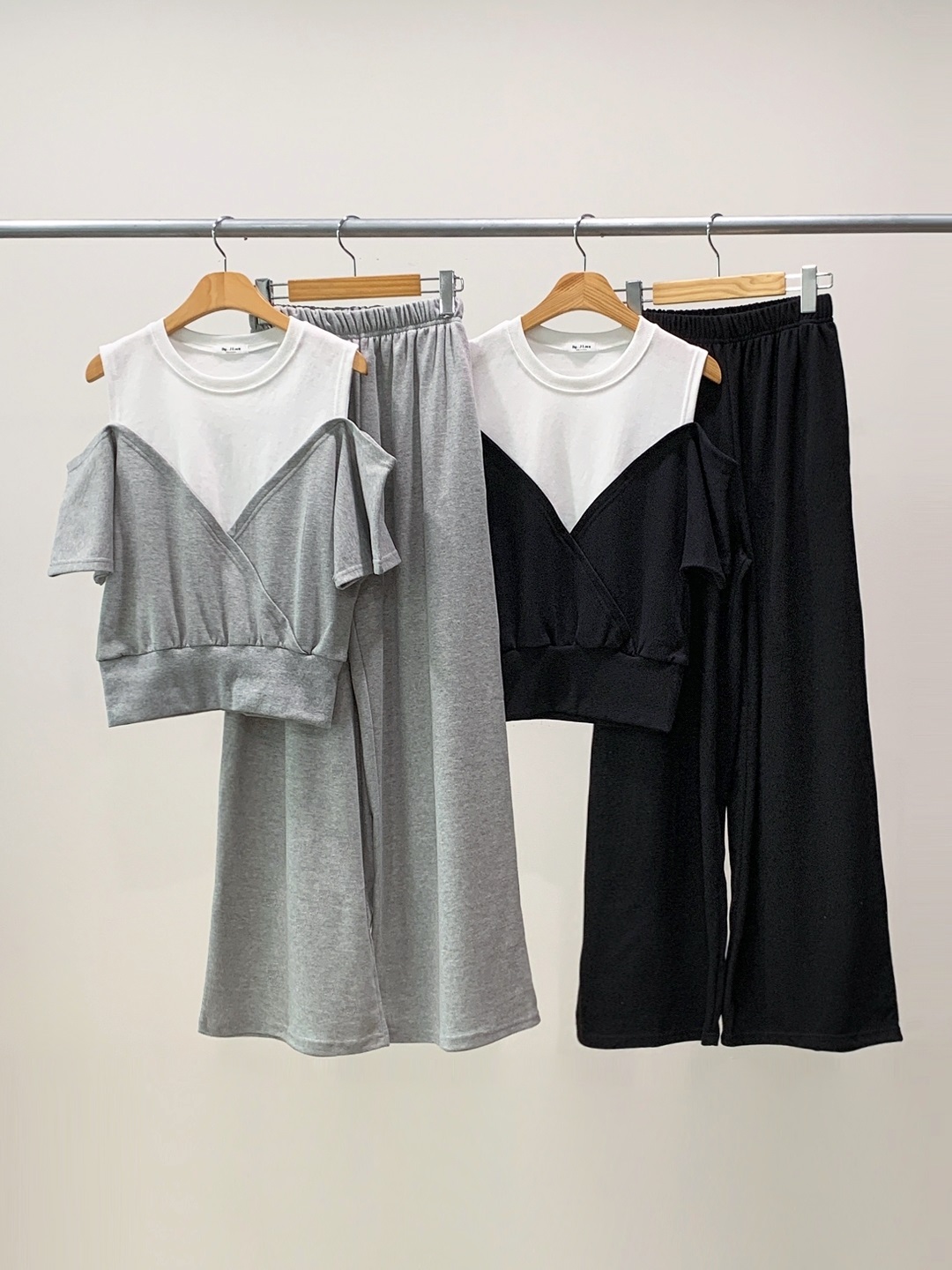 配色ウエストゴムオープンショルダー半袖ダイアゴナルデニムパンツTシャツ | 詳細画像17