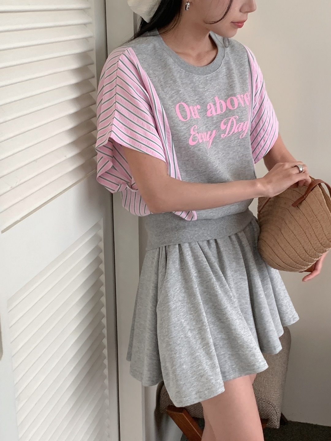 ウエストゴムショート半袖フレアレタリングストライプツーピース(トップス、ボトムス)Tシャツショートパンツ | 詳細画像5