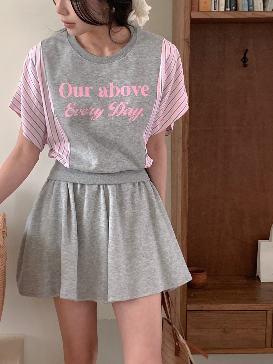 ウエストゴムショート半袖フレアレタリングストライプツーピース(トップス、ボトムス)Tシャツショートパンツ | 詳細画像6