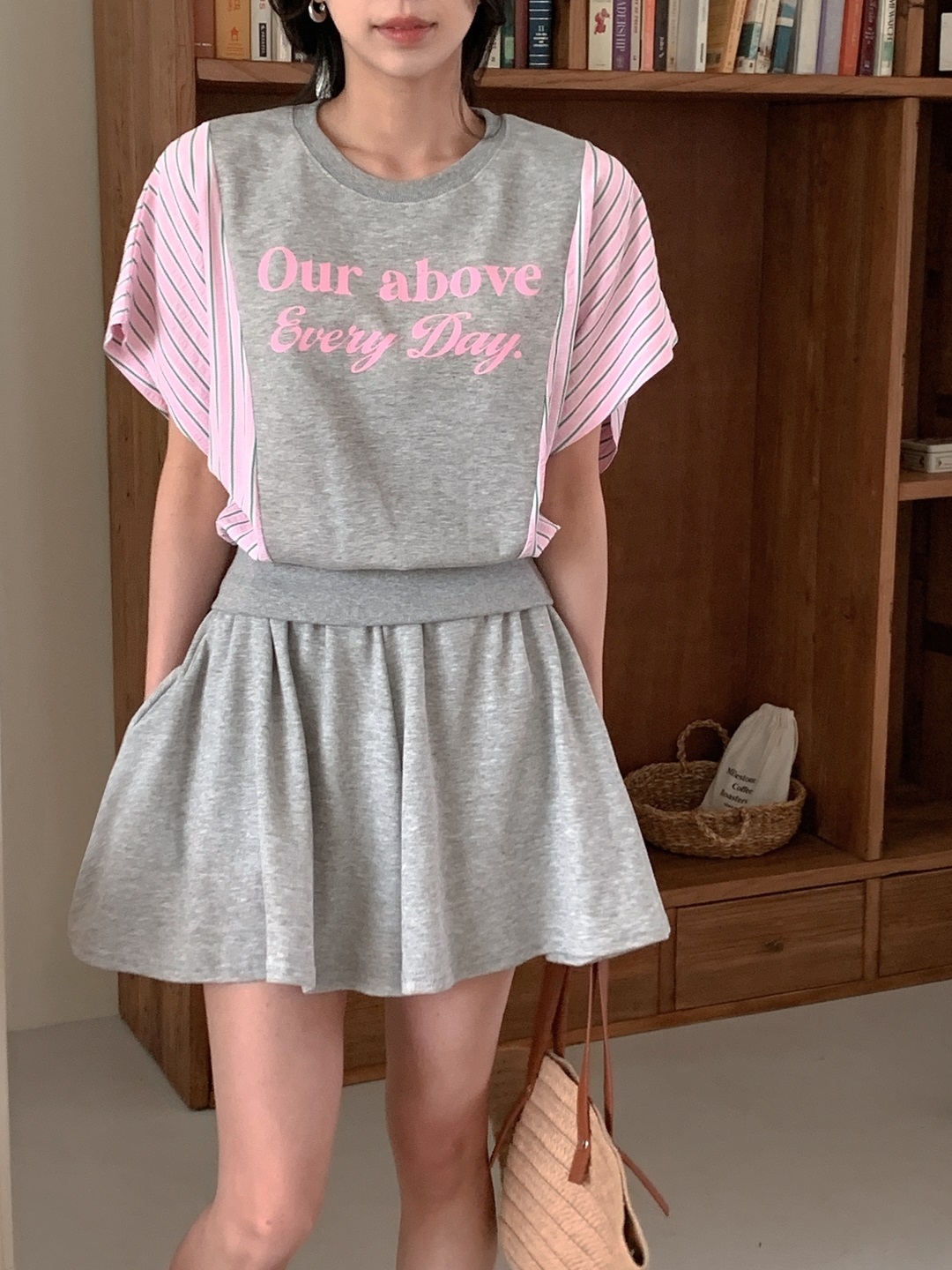 ウエストゴムショート半袖フレアレタリングストライプツーピース(トップス、ボトムス)Tシャツショートパンツ | 詳細画像7