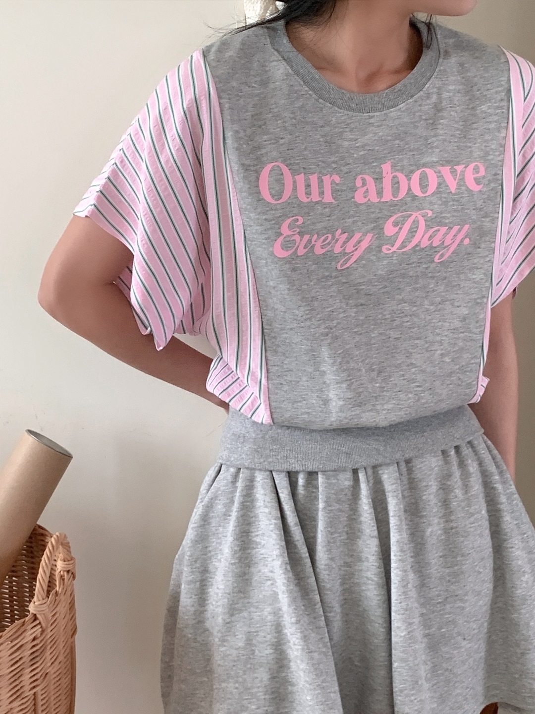 ウエストゴムショート半袖フレアレタリングストライプツーピース(トップス、ボトムス)Tシャツショートパンツ | 詳細画像9
