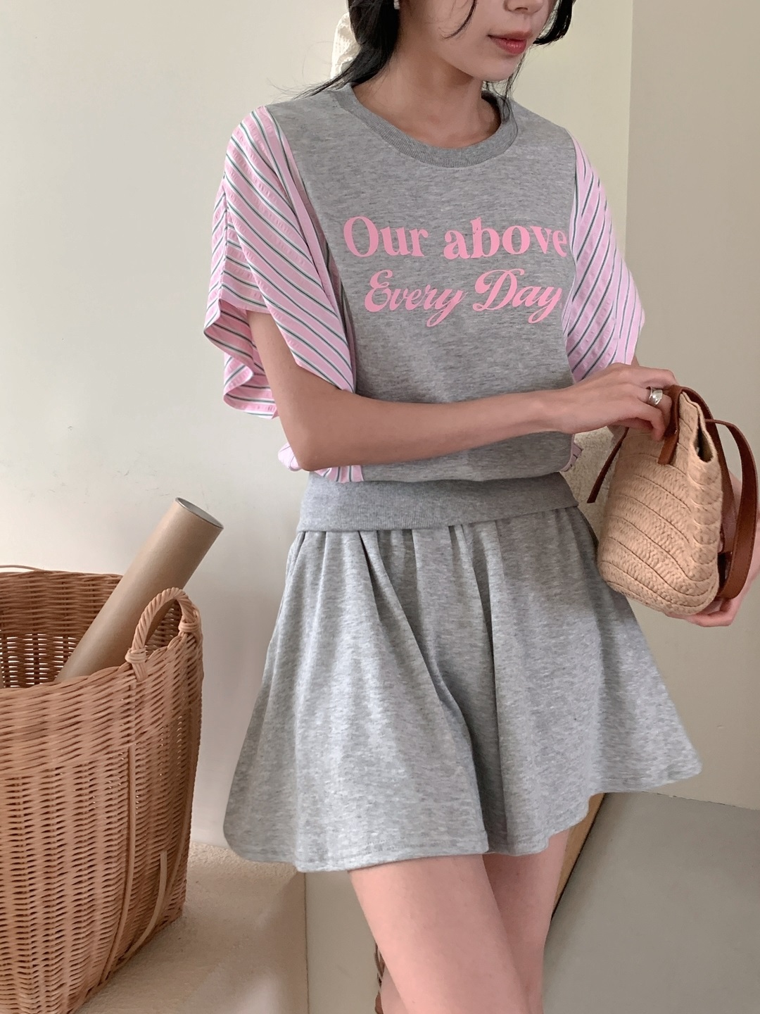 ウエストゴムショート半袖フレアレタリングストライプツーピース(トップス、ボトムス)Tシャツショートパンツ | 詳細画像10