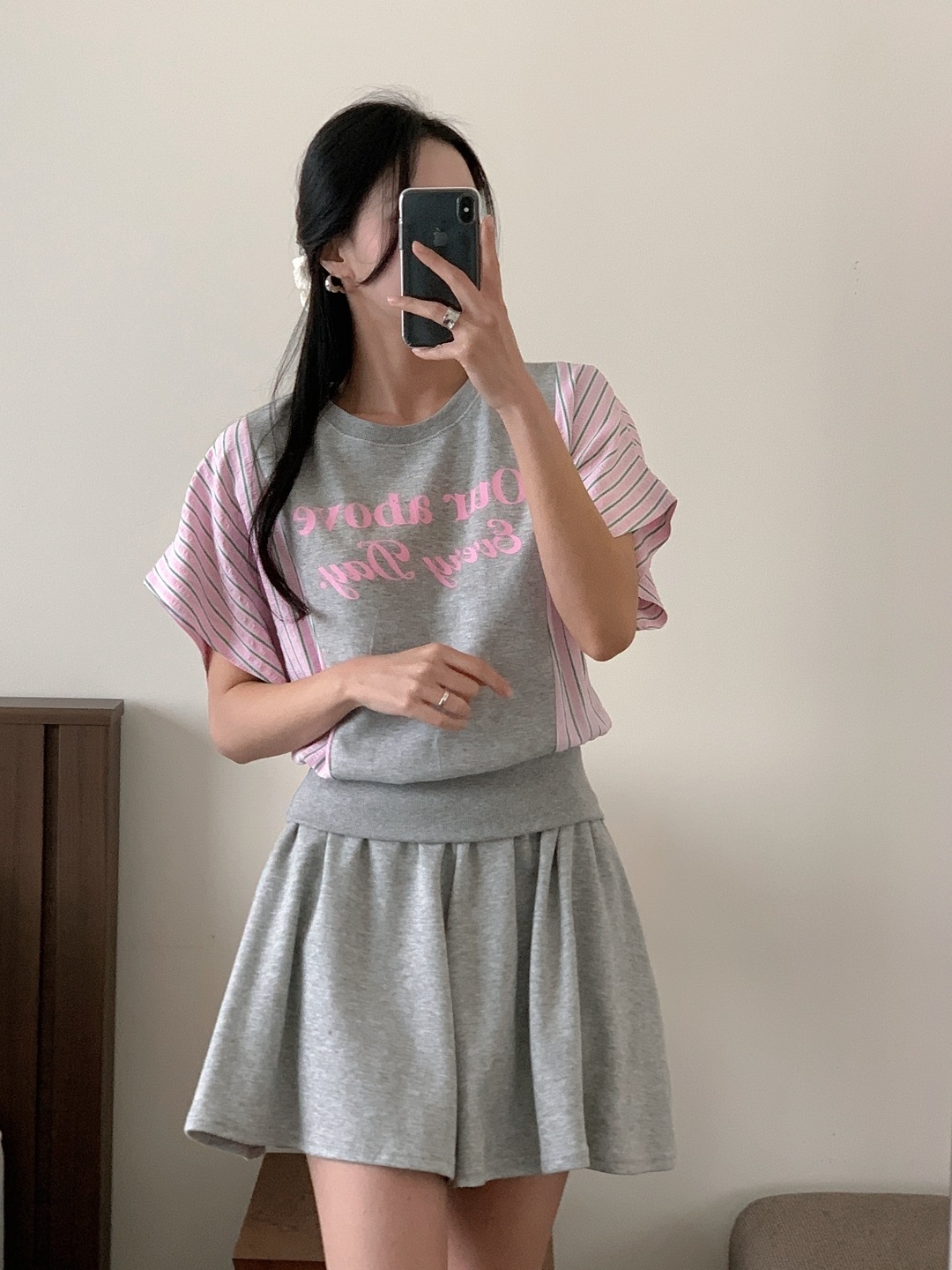 ウエストゴムショート半袖フレアレタリングストライプツーピース(トップス、ボトムス)Tシャツショートパンツ | 詳細画像11