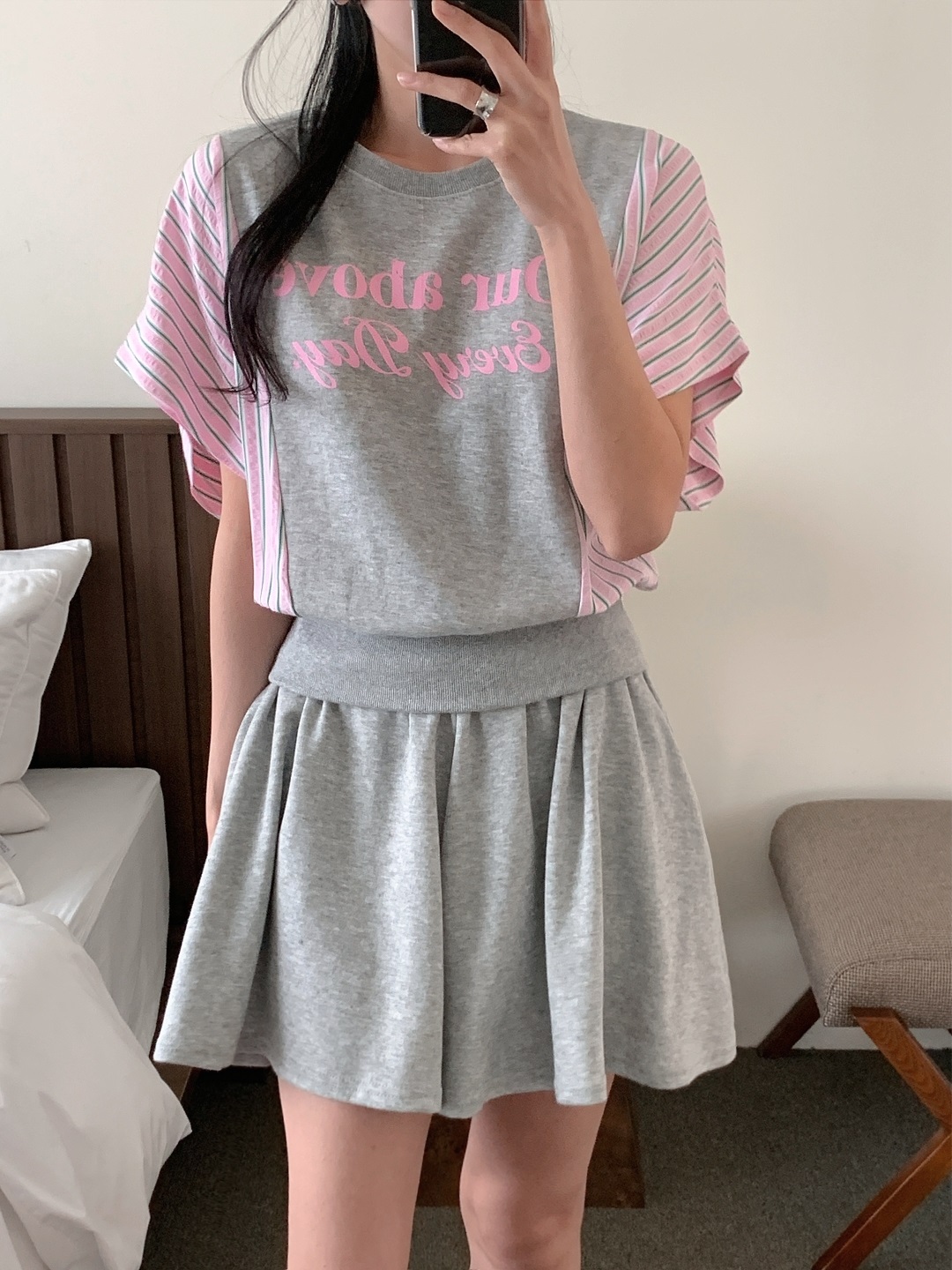 ウエストゴムショート半袖フレアレタリングストライプツーピース(トップス、ボトムス)Tシャツショートパンツ | 詳細画像14