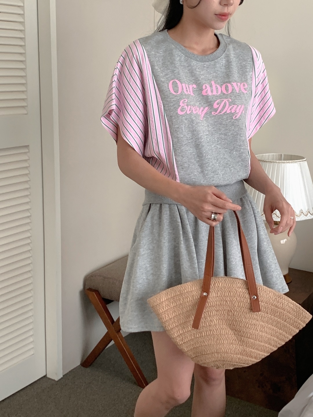 ウエストゴムショート半袖フレアレタリングストライプツーピース(トップス、ボトムス)Tシャツショートパンツ | 詳細画像16