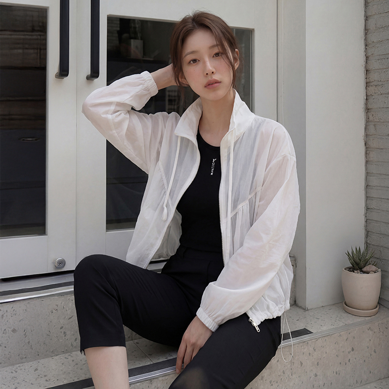 シースルージップアップハイネックドローストリングポケット無地