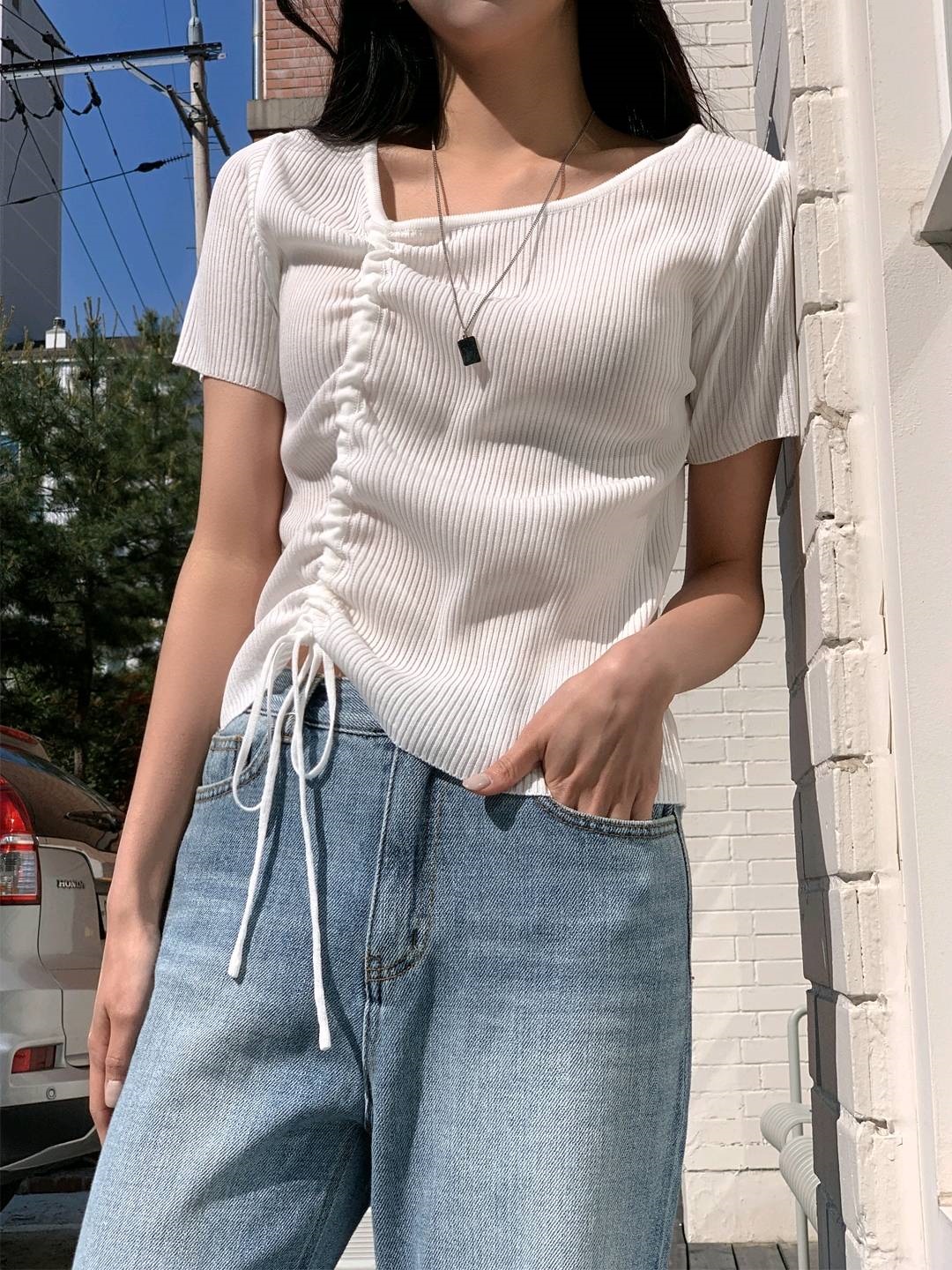 リブアクリルアンバランスネックシャーリングドローストリング半袖無地Tシャツ | 詳細画像9