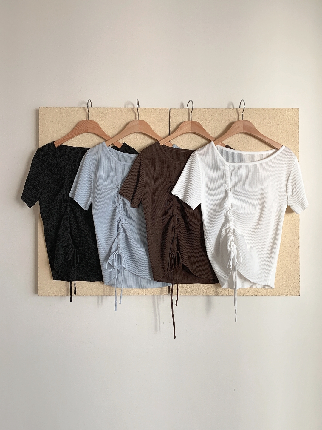 リブアクリルアンバランスネックシャーリングドローストリング半袖無地Tシャツ | 詳細画像11