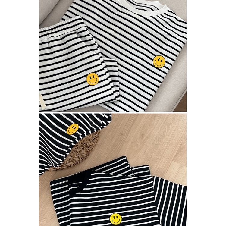 ラウンドネックウエストゴムルーズ半袖ボーダー配色セットアップパンツTシャツ | 詳細画像2