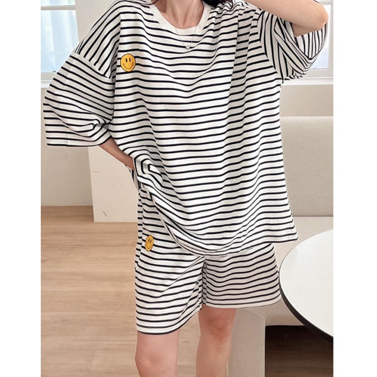 ラウンドネックウエストゴムルーズ半袖ボーダー配色セットアップパンツTシャツ | 詳細画像3
