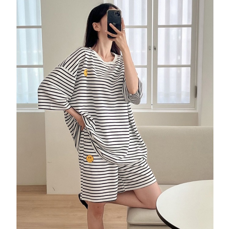 ラウンドネックウエストゴムルーズ半袖ボーダー配色セットアップパンツTシャツ | 詳細画像4