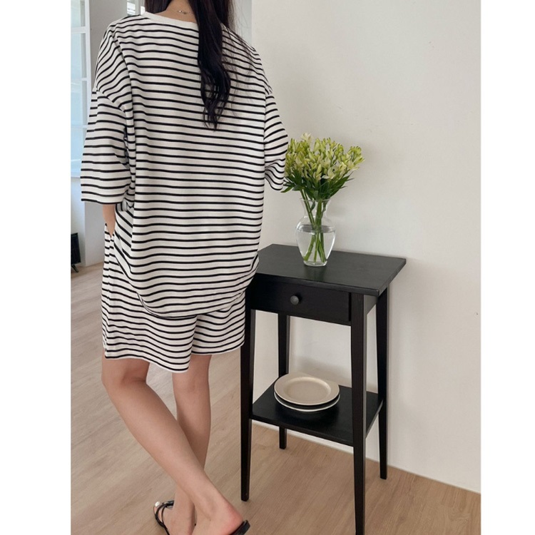 ラウンドネックウエストゴムルーズ半袖ボーダー配色セットアップパンツTシャツ | 詳細画像6
