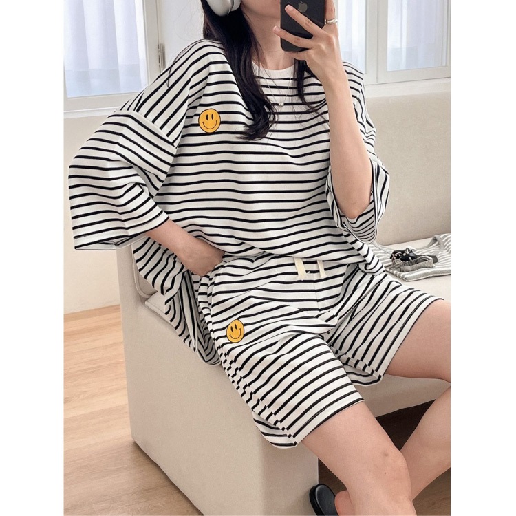 ラウンドネックウエストゴムルーズ半袖ボーダー配色セットアップパンツTシャツ | 詳細画像7