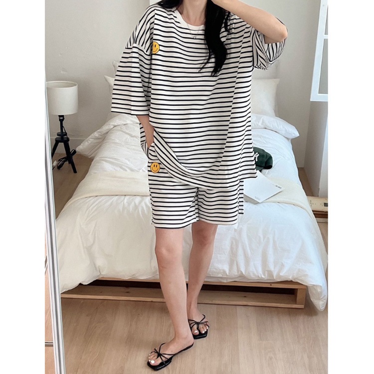ラウンドネックウエストゴムルーズ半袖ボーダー配色セットアップパンツTシャツ | 詳細画像9