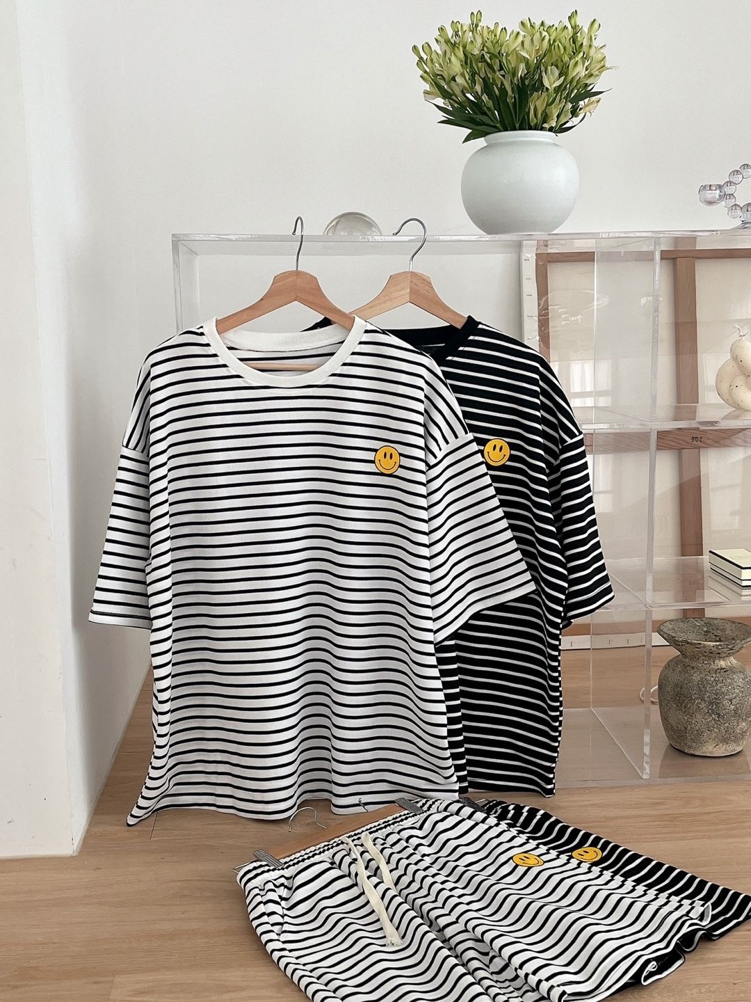 ラウンドネックウエストゴムルーズ半袖ボーダー配色セットアップパンツTシャツ | 詳細画像10