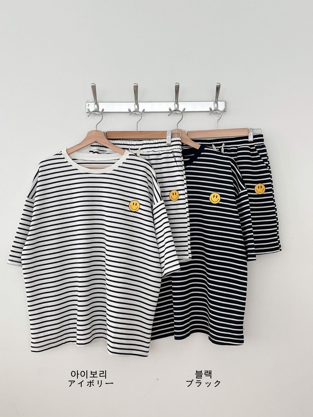 ラウンドネックウエストゴムルーズ半袖ボーダー配色セットアップパンツTシャツ | 詳細画像11