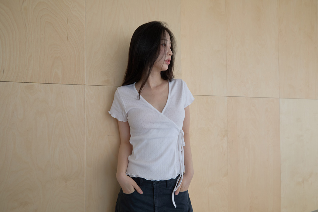 コットンリボン(固定)ストラップVネッククロップドラップ調レース無地TシャツSS | 詳細画像4