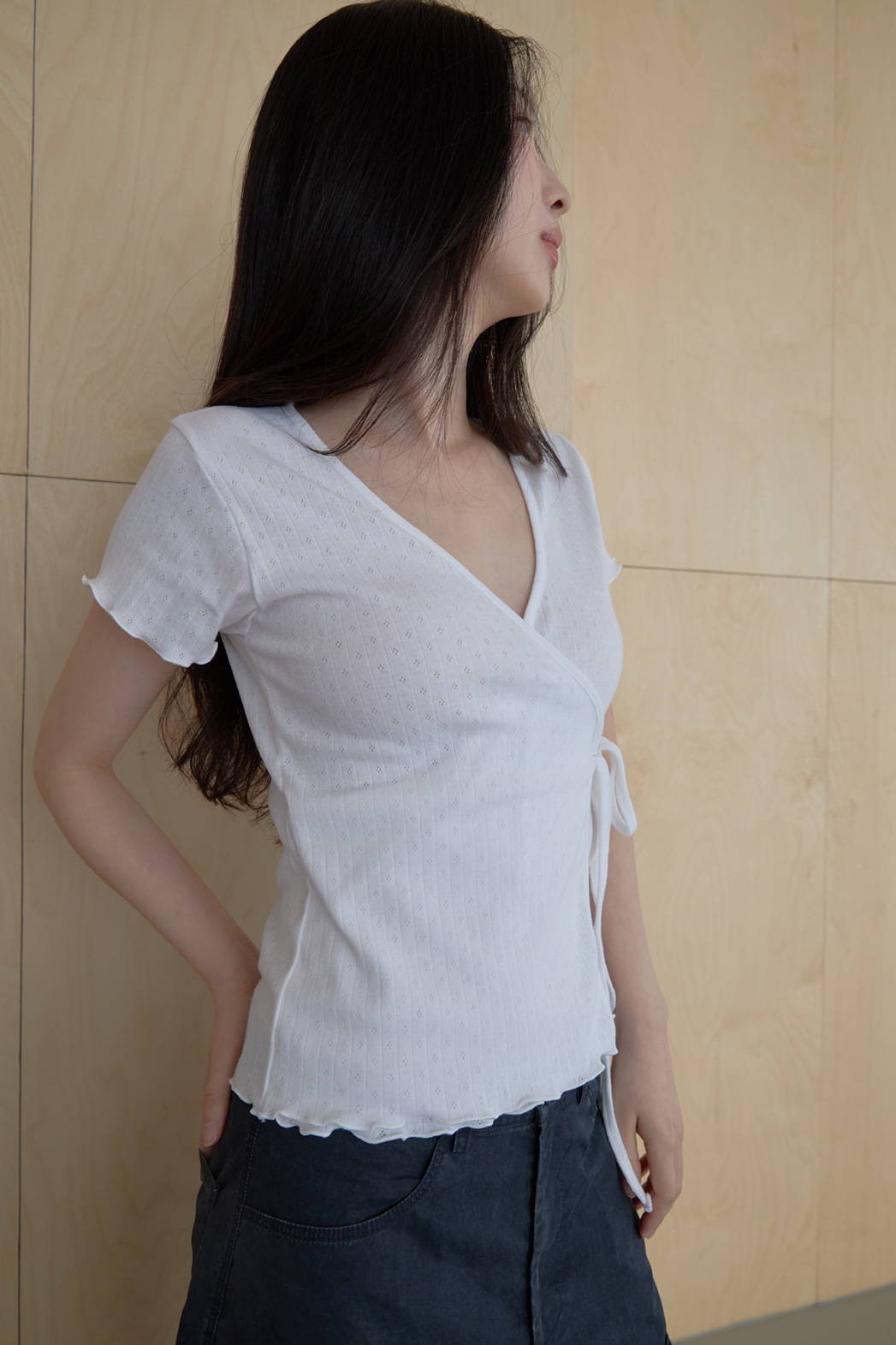 コットンリボン(固定)ストラップVネッククロップドラップ調レース無地TシャツSS | 詳細画像12