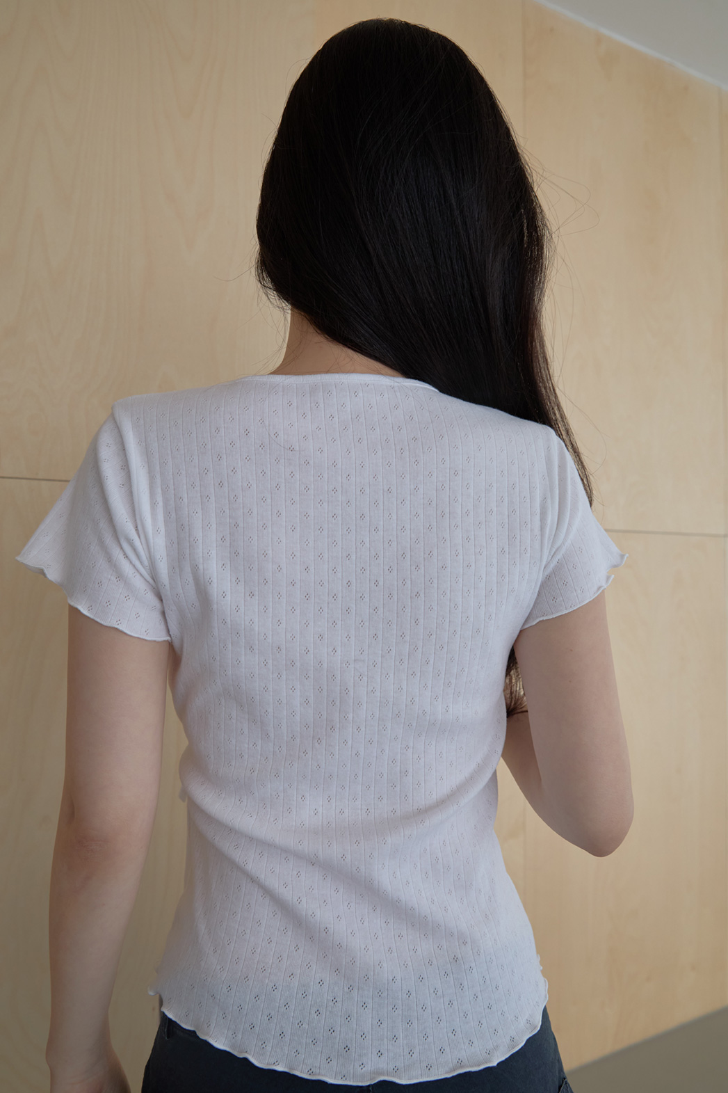 コットンリボン(固定)ストラップVネッククロップドラップ調レース無地TシャツSS | 詳細画像13