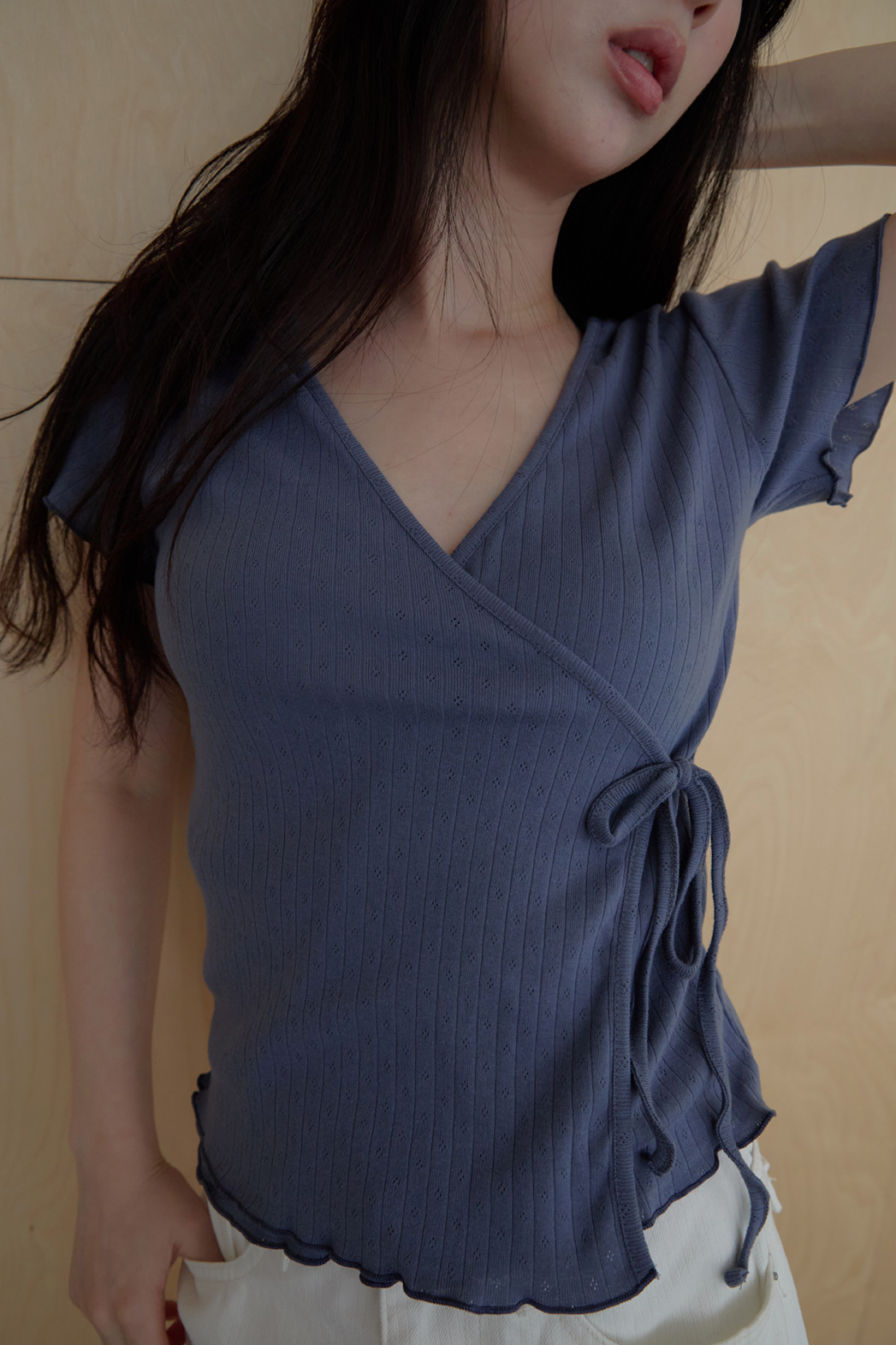 コットンリボン(固定)ストラップVネッククロップドラップ調レース無地TシャツSS | 詳細画像15