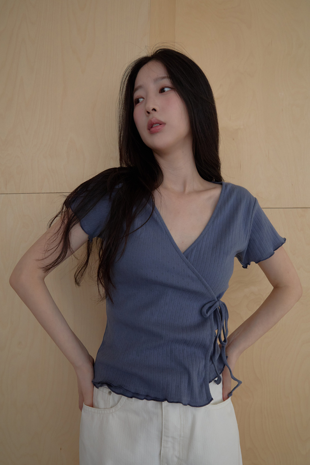 コットンリボン(固定)ストラップVネッククロップドラップ調レース無地TシャツSS | 詳細画像16