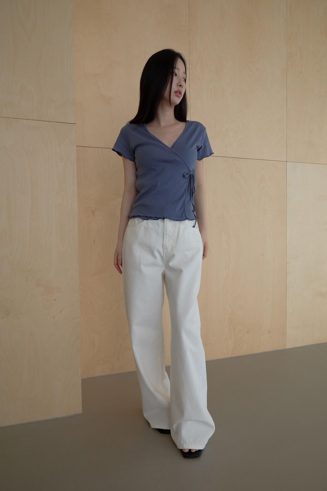 コットンリボン(固定)ストラップVネッククロップドラップ調レース無地TシャツSS | 詳細画像18