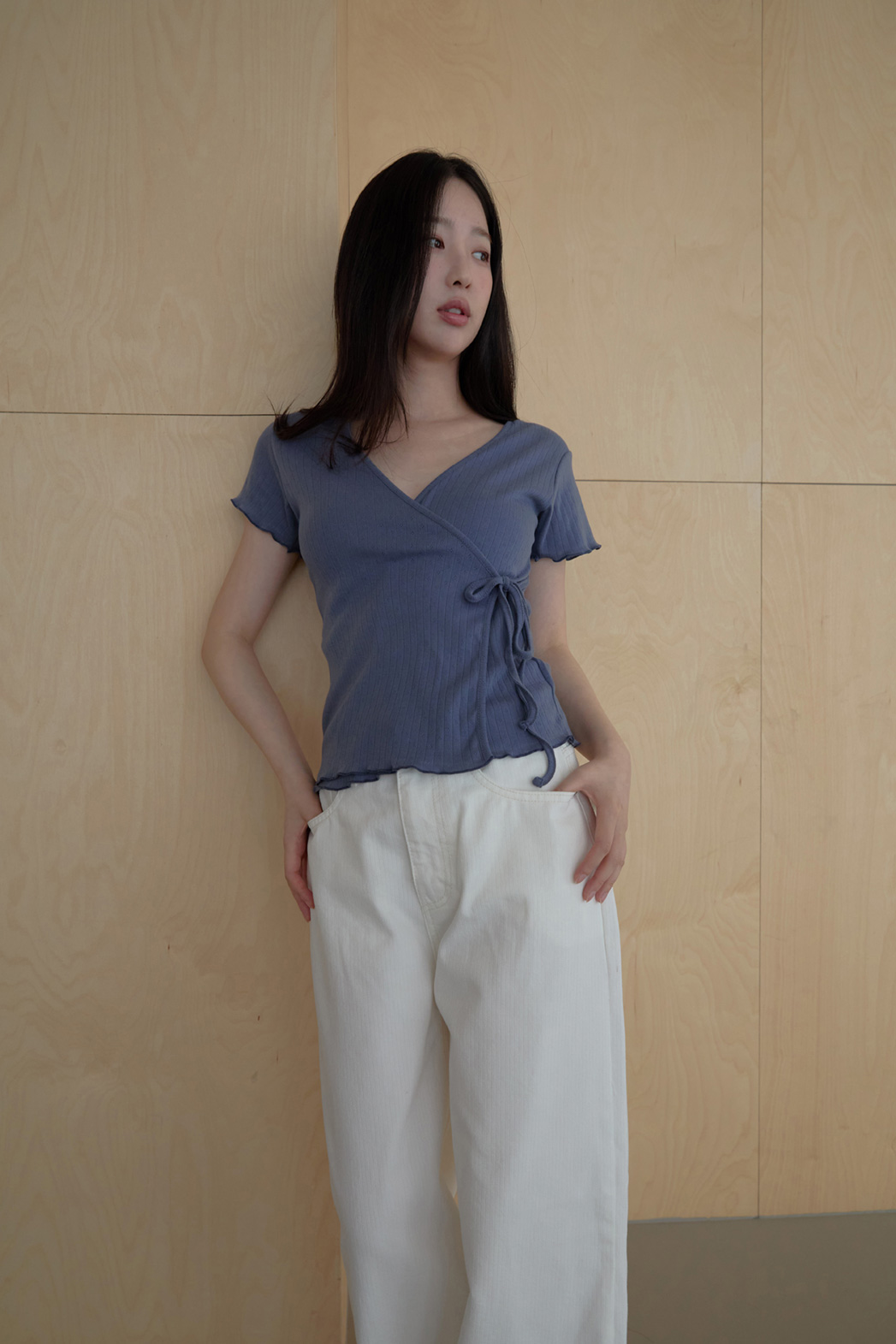 コットンリボン(固定)ストラップVネッククロップドラップ調レース無地TシャツSS | 詳細画像19