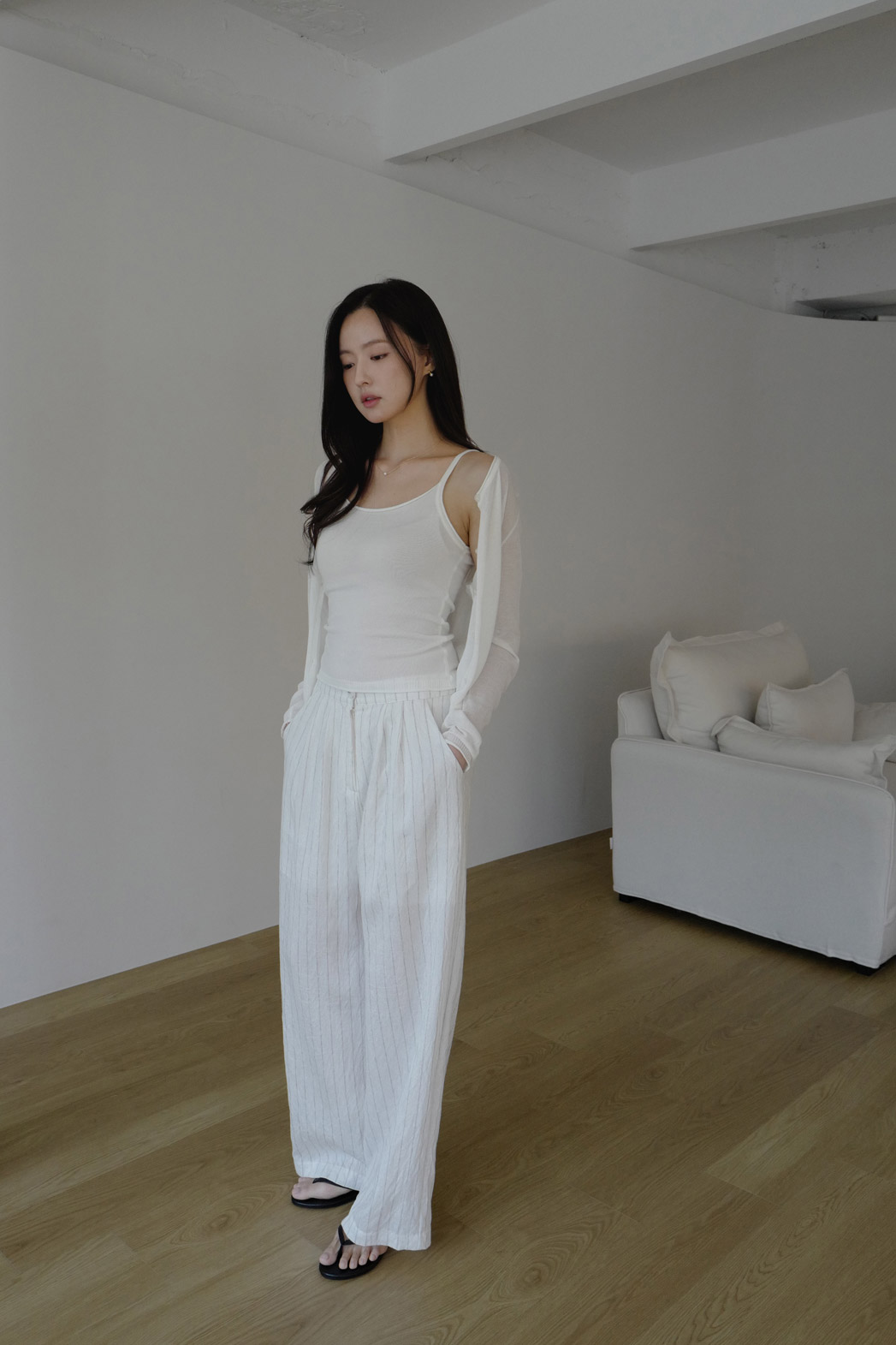 ベルベットリネンナイロンボタンバックゴムストレートストライプパンツ春夏秋 | DHOLIC | 詳細画像2