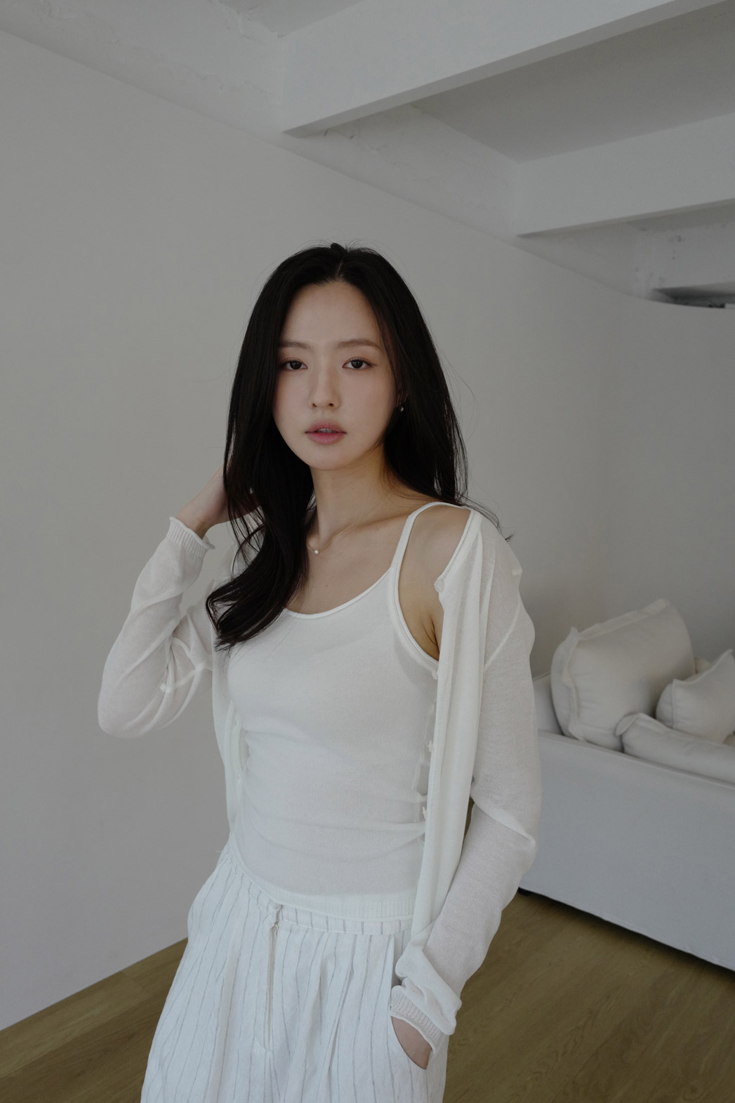 ベルベットリネンナイロンボタンバックゴムストレートストライプパンツ春夏秋 | DHOLIC | 詳細画像4