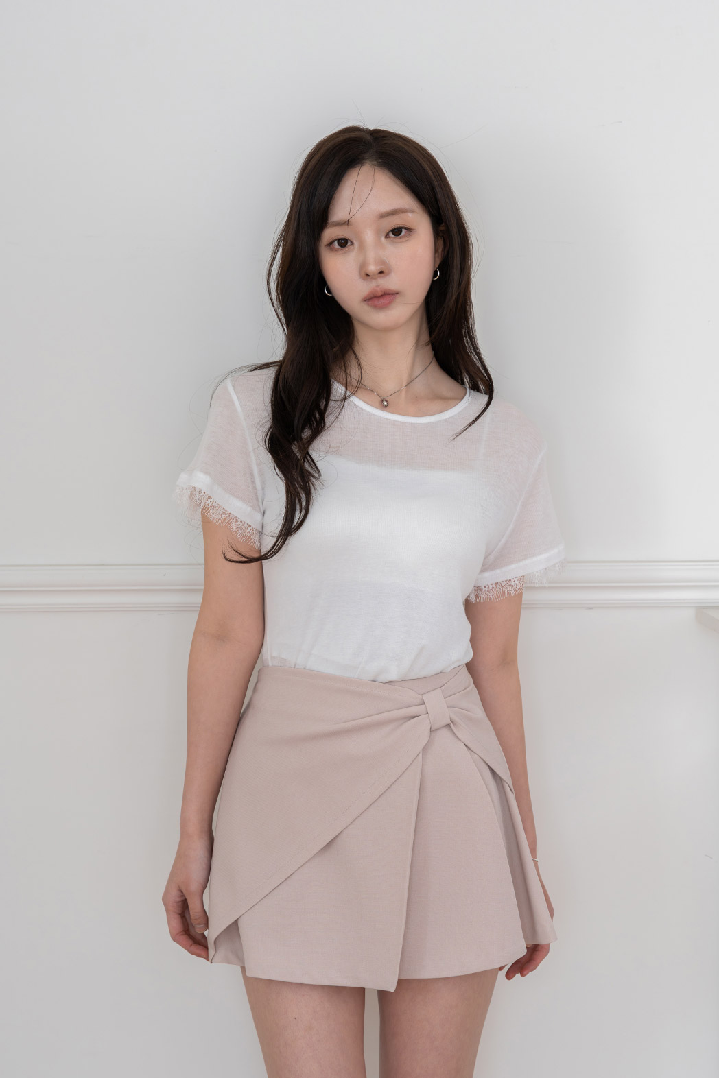 レースラウンドネックレイヤード風半袖無地Tシャツ | DHOLIC | 詳細画像6