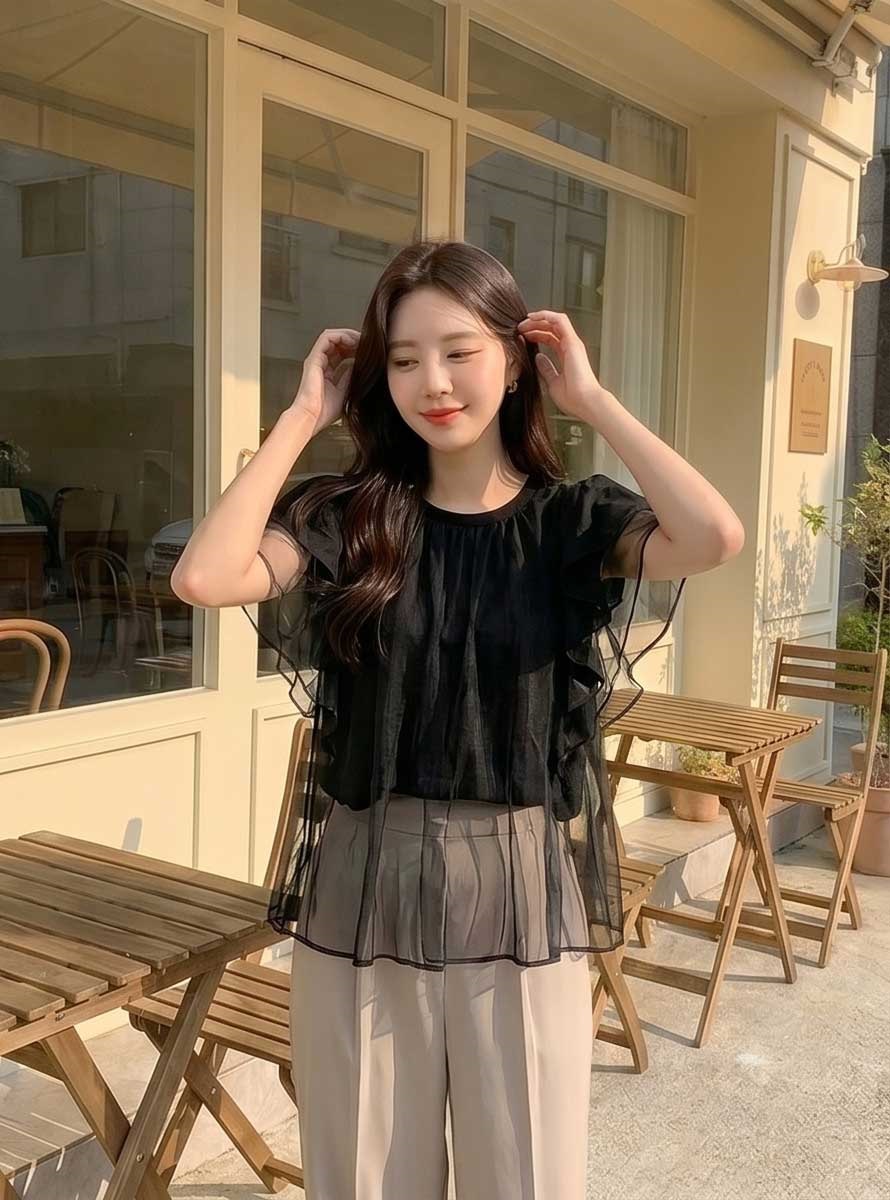 シースルーラウンドネックラッフルTシャツ | 詳細画像7