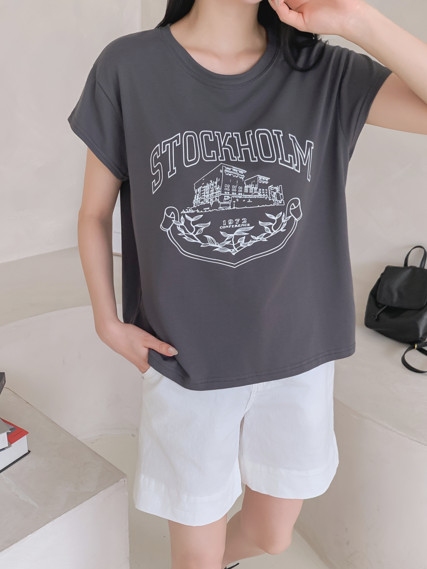 ラウンドネックキャップスリーブ半袖プリントTシャツ | 詳細画像3