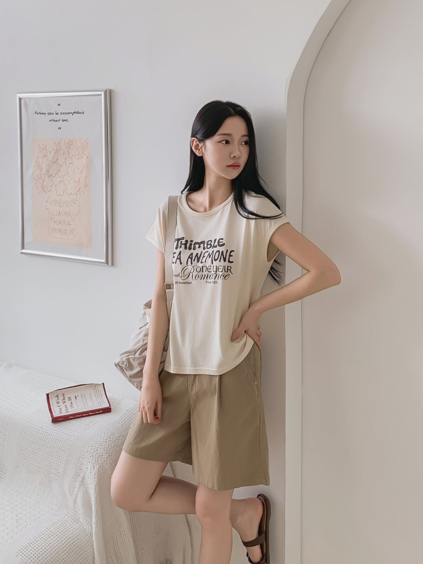 ラウンドネックフレンチスリーブ半袖レタリングTシャツ | 詳細画像4