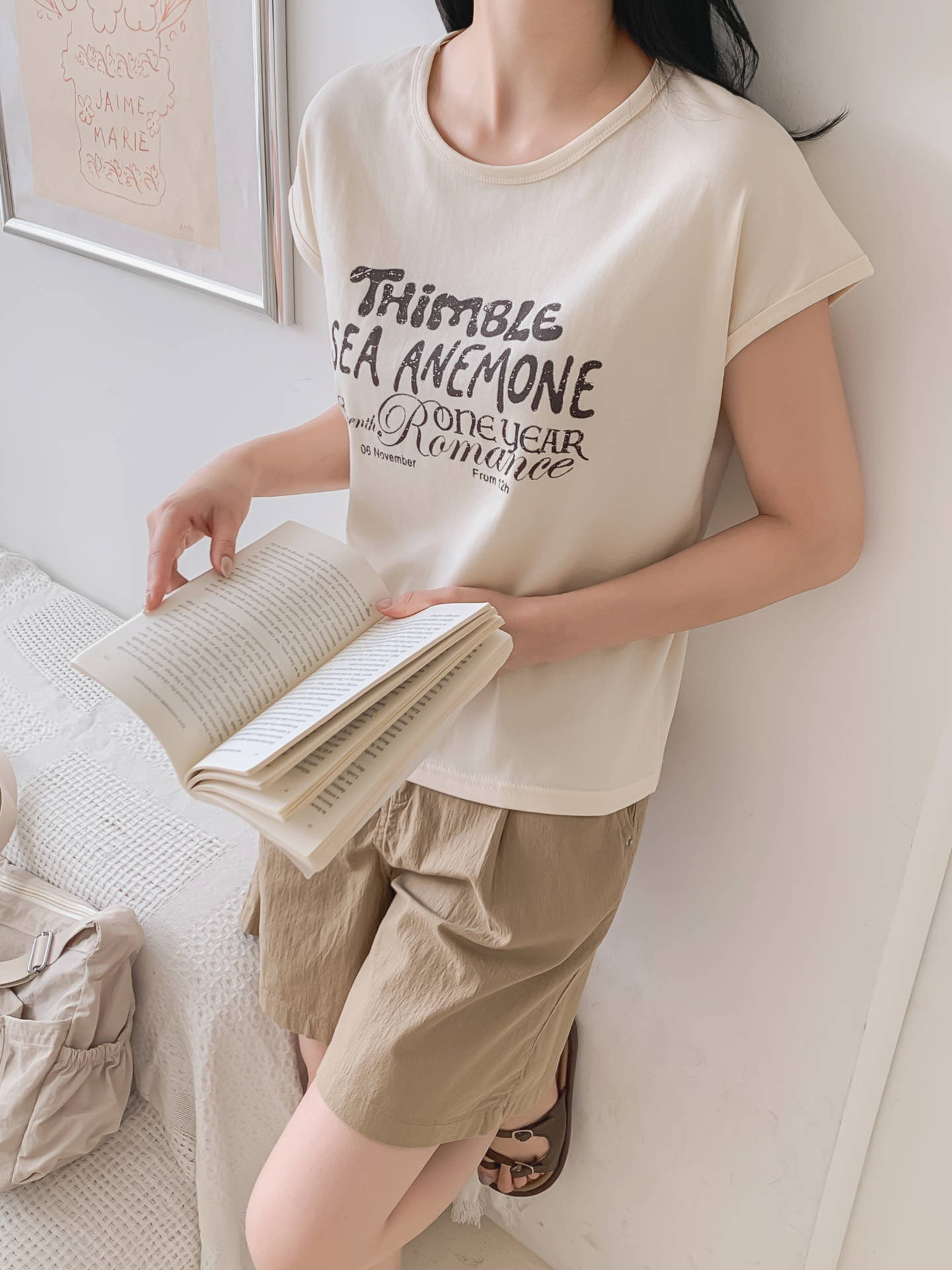 ラウンドネックフレンチスリーブ半袖レタリングTシャツ | 詳細画像7