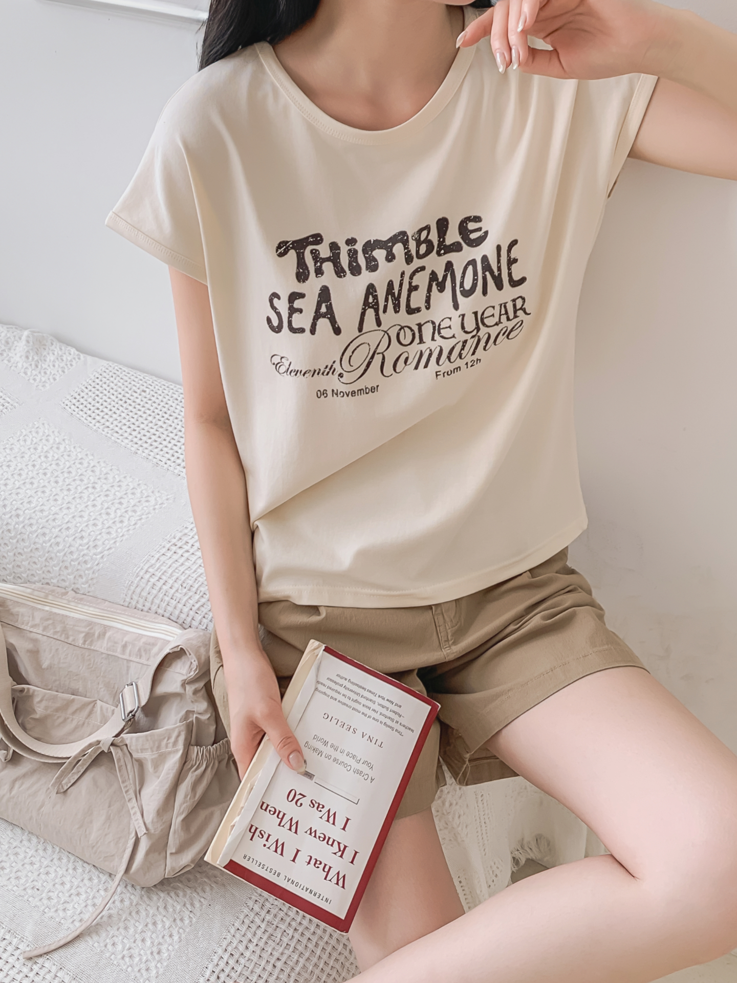 ラウンドネックフレンチスリーブ半袖レタリングTシャツ | 詳細画像13