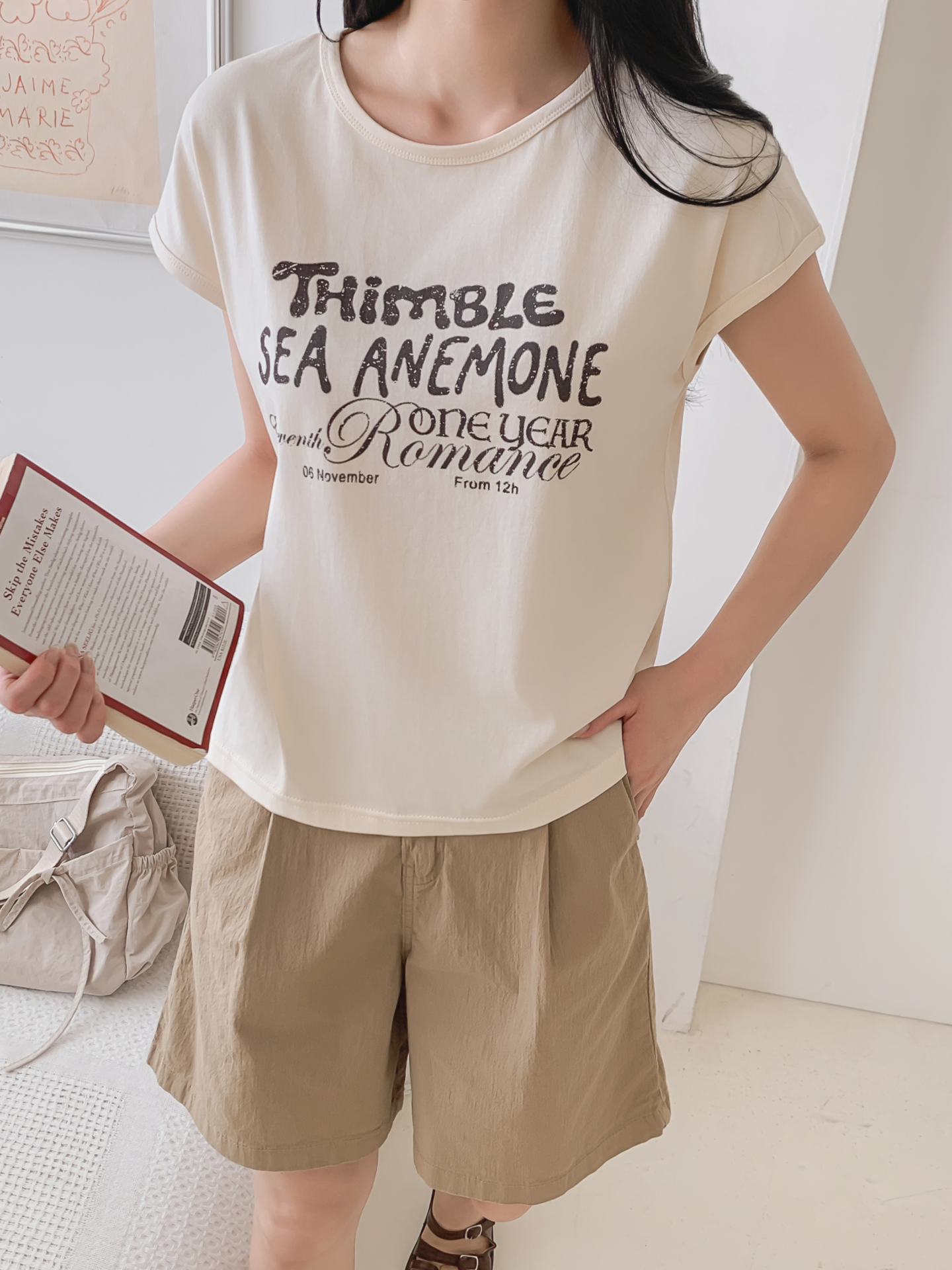 ラウンドネックフレンチスリーブ半袖レタリングTシャツ | 詳細画像17
