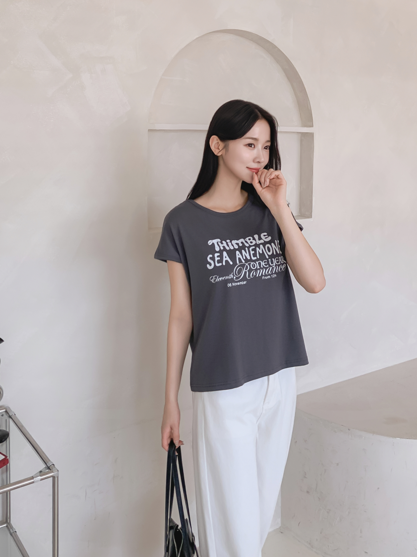 ラウンドネックフレンチスリーブ半袖レタリングTシャツ | 詳細画像24