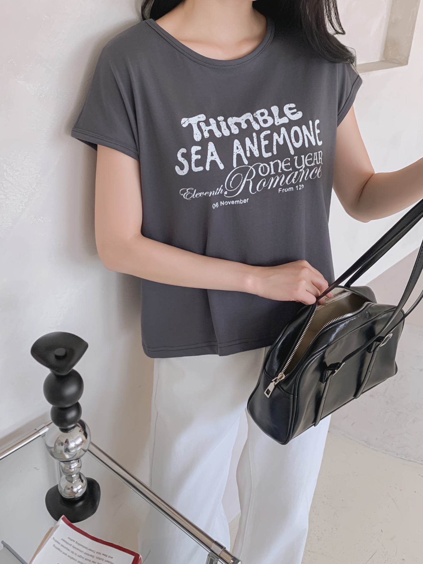ラウンドネックフレンチスリーブ半袖レタリングTシャツ | 詳細画像26