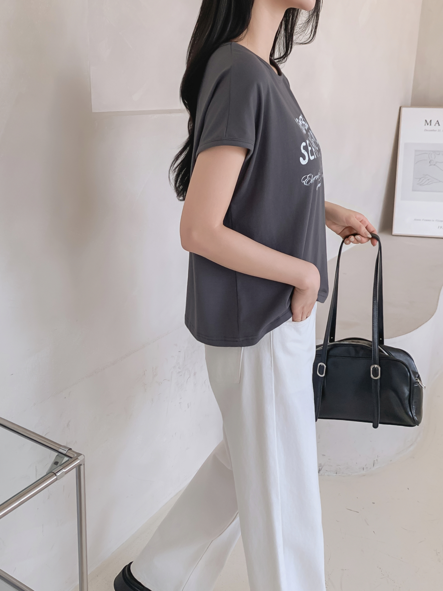 ラウンドネックフレンチスリーブ半袖レタリングTシャツ | 詳細画像27