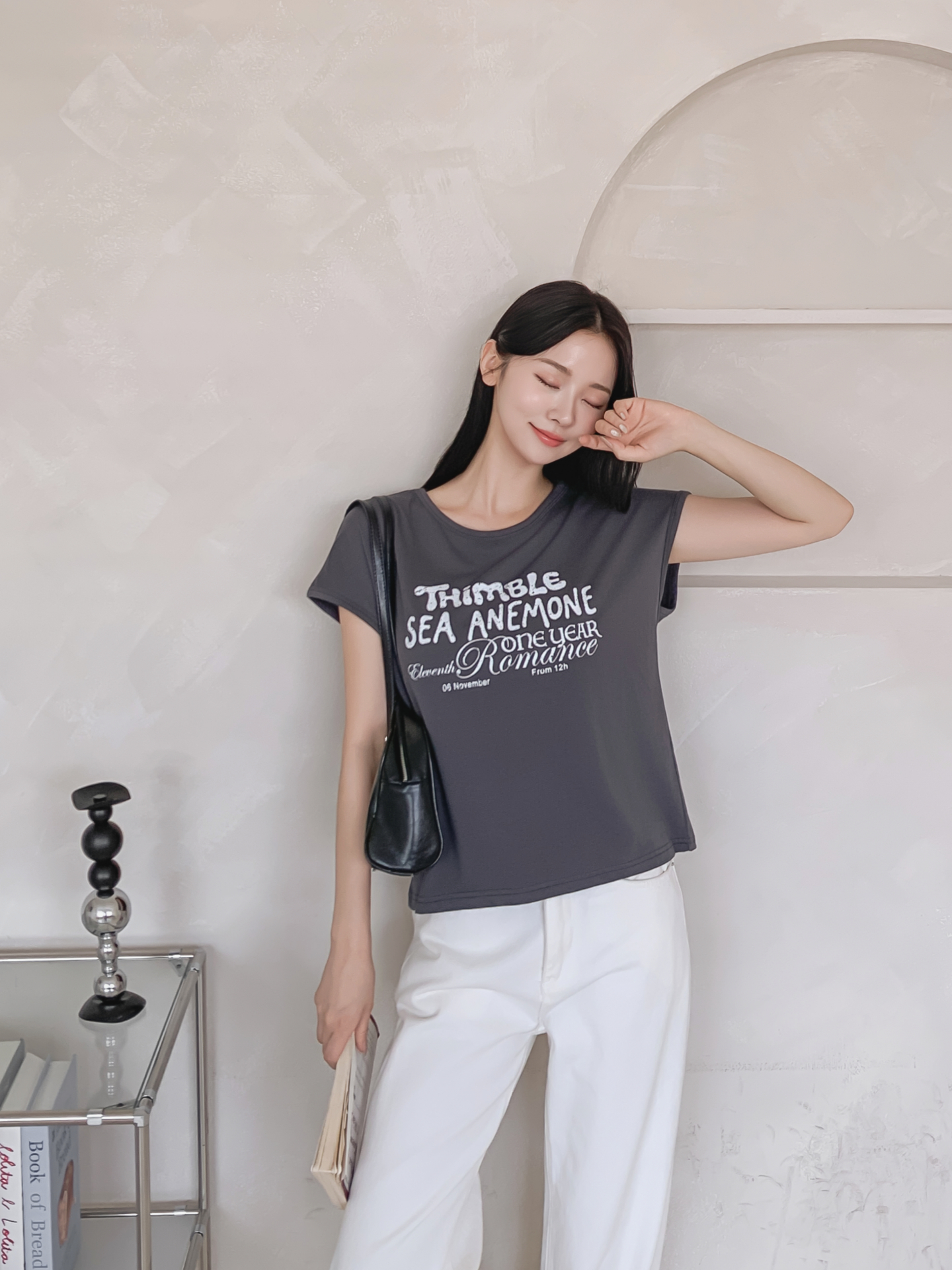 ラウンドネックフレンチスリーブ半袖レタリングTシャツ | 詳細画像32