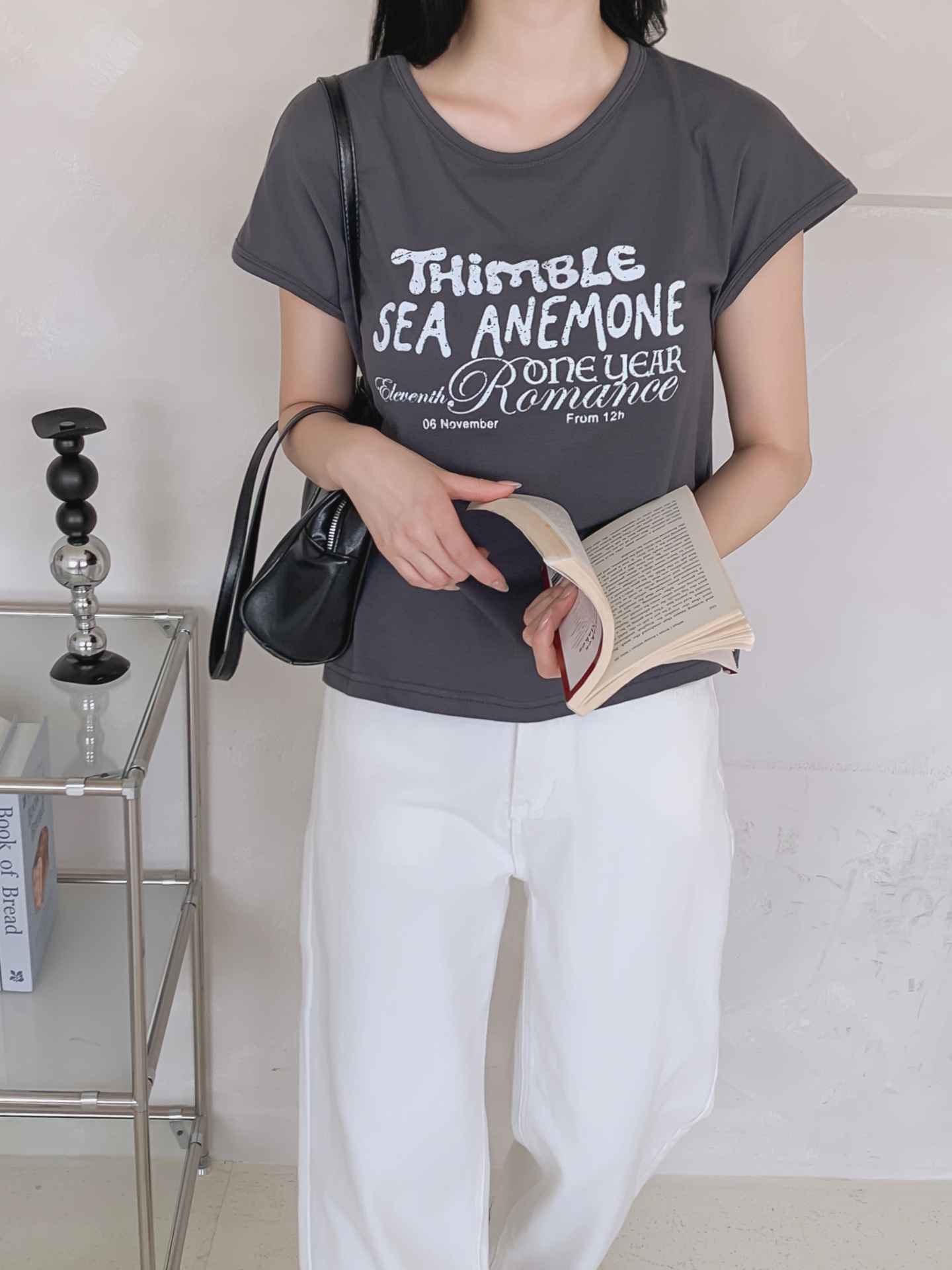 ラウンドネックフレンチスリーブ半袖レタリングTシャツ | 詳細画像34