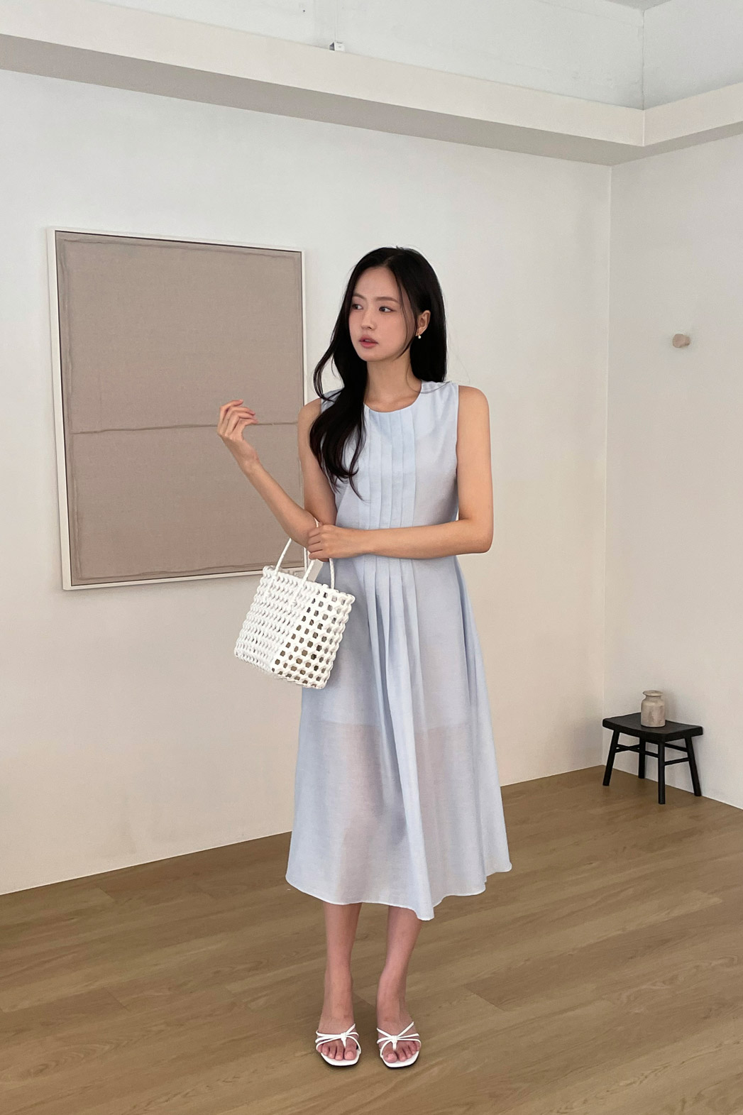 リネン混ラウンドネックピンタックベーシックロング無地ワンピース春夏秋 | DHOLIC | 詳細画像4
